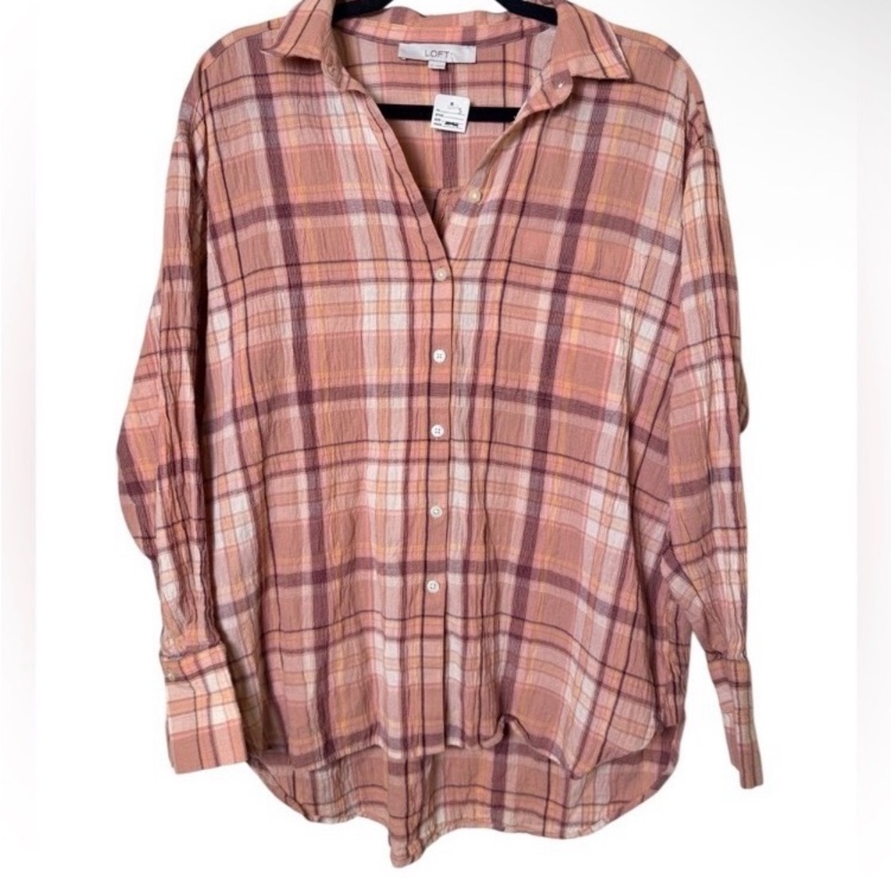 LOFT Lightweight Crinkle Cotton Plaid Button Down Shirt - Picture 4 of 4